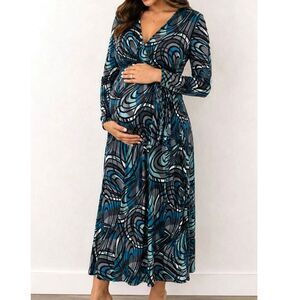 Liz Lange Maternity Wrap Maxi Dress Large Blue Abstract Print